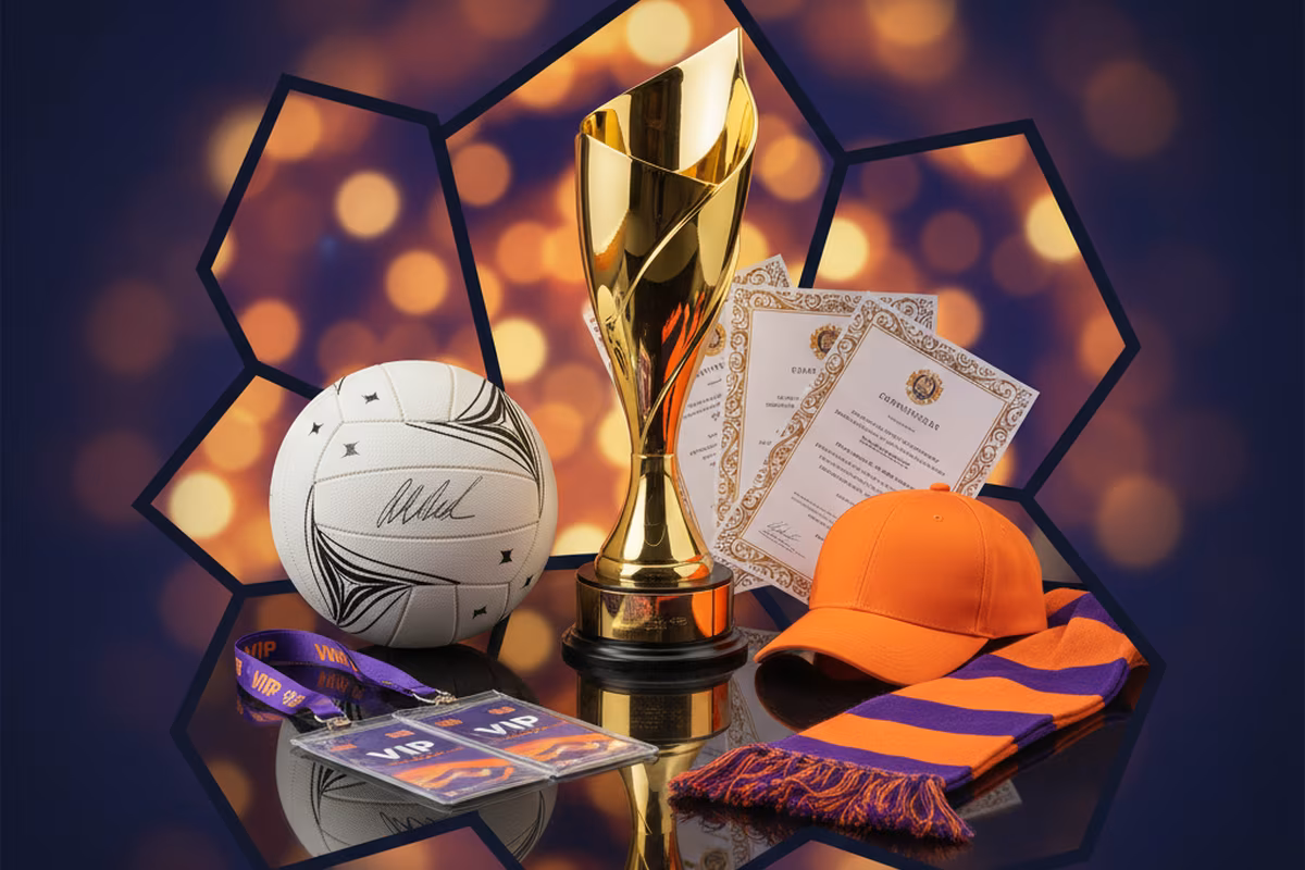Trophies, signed gear and VIP passes laid out on display